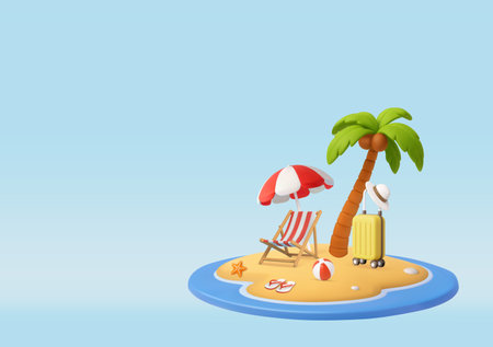 3d Tropical Beach Vacation Setup with red Umbrella and Palmのイラスト素材