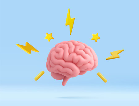 3D Brain with Lightning Bolts and Stars Symbolizing Creativity and Ideasのイラスト素材