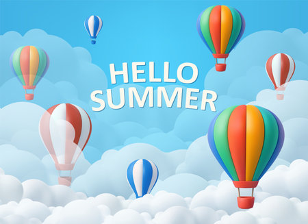 3D Hot Air Balloons with Hello Summer Textのイラスト素材
