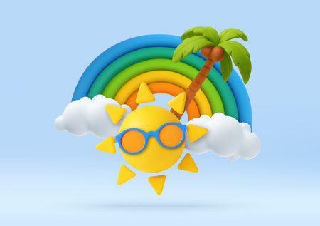 3D Summer Sun with Sunglasses and Rainbowのイラスト素材
