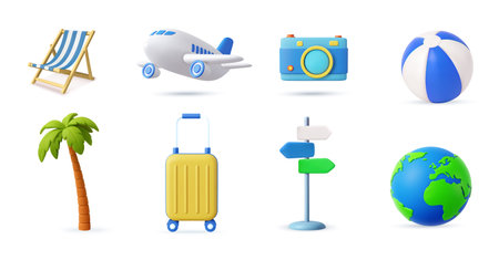3D Travel and Vacation Icon Set on White Backgroundのイラスト素材