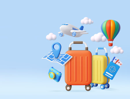 3D Travel Concept with Suitcases, Airplane, and Hot Air Balloonのイラスト素材