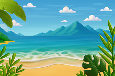 3d Summertime on the beach. Palms and plants aroundのイラスト素材