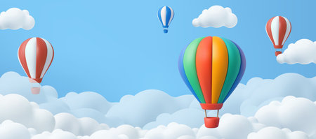 3D Hot Air Balloons Floating in Blue Sky.のイラスト素材