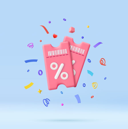 3D discount coupon tickets with confetti celebrationのイラスト素材