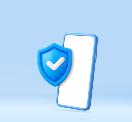 3d Mobile device security icon with shield checkmarkのイラスト素材
