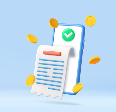 3D mobile payment receipt with flying coinsのイラスト素材