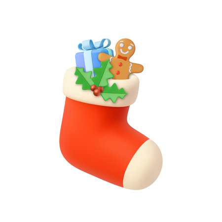 3d Christmas Stocking with Gingerbread Cookie and Giftのイラスト素材