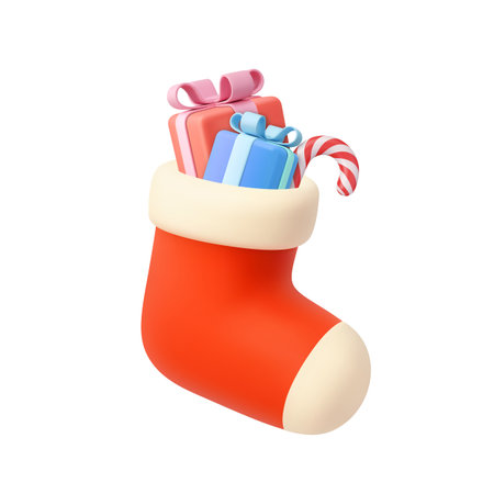 3d Christmas Stocking Filled with Gifts and Candy Caneのイラスト素材