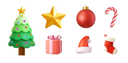 3D Christmas icons set with tree and decorationsのイラスト素材
