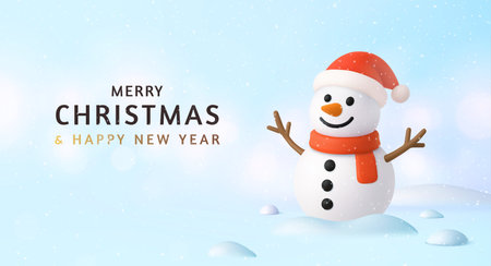 3d Cute Snowman with Merry Christmas Greetingのイラスト素材