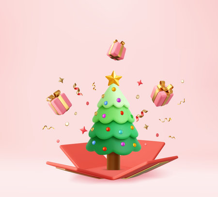 3D Christmas tree popping out of gift box.のイラスト素材