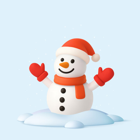 3D festive snowman with red hat and mittens.のイラスト素材