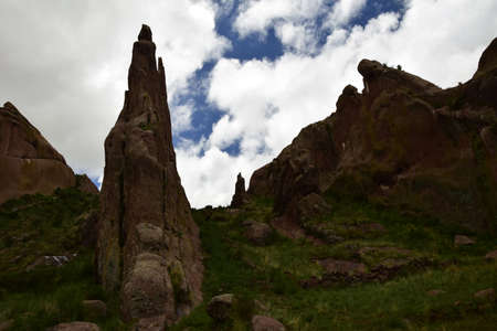 Brown rocks near the Gate of Hayu Mark (The Gate of the Gods), Peru WILLKA UTA, PORTAL OF THE GODS, SECRETS OF ARAMU MURU, HAYUMARKA GATE. Near Puno Peruの写真素材