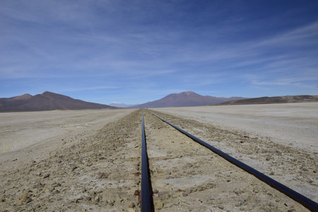 Railway rails on the territory of Salar de Uyuni, Bolivia.の写真素材