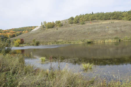 The lake between the chalk hills in Sengileyevsky district of Ulyanovsk region, Russia.