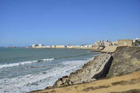 Cadiz, Spain - 06 november 2019: view from the ocean with beautiful embankment on a sunny day