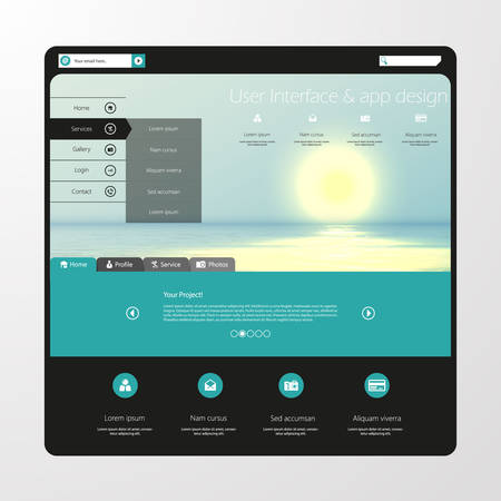 Website template Vector. with photorealistic sunrise, sea illustration.のイラスト素材