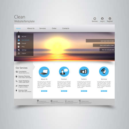 Website template Vector. with photorealistic sunrise, sea illustration.のイラスト素材