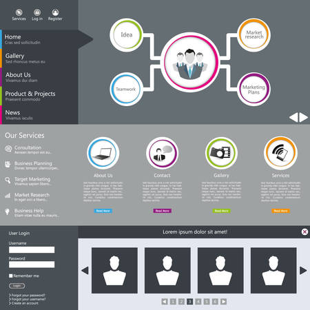 Flat web design elements, buttons, icons. Website template. With business Structure Infographics.のイラスト素材