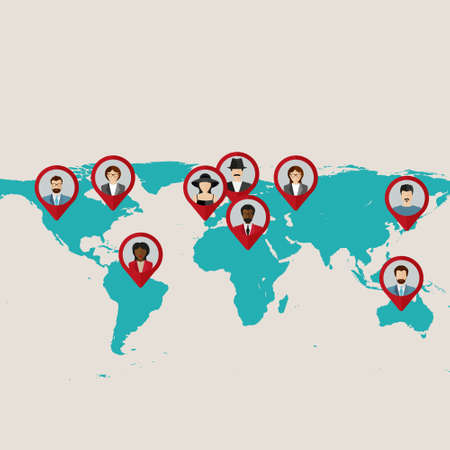 Flat world map with tags, points and destinations with flat faces avatarのイラスト素材
