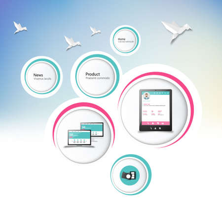 Infographic design with colored and white circles on the sky with origami birds.のイラスト素材