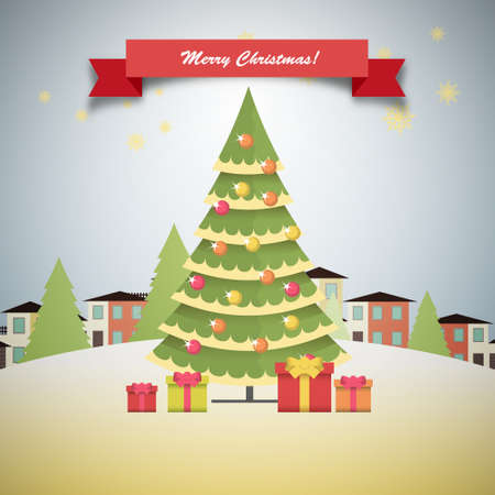 Vintage Christmas card with tree and ornaments, Xmas cardのイラスト素材