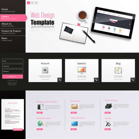 Website Template Vector Design with realistic still life illustration, tablet, coffee, notebook.のイラスト素材