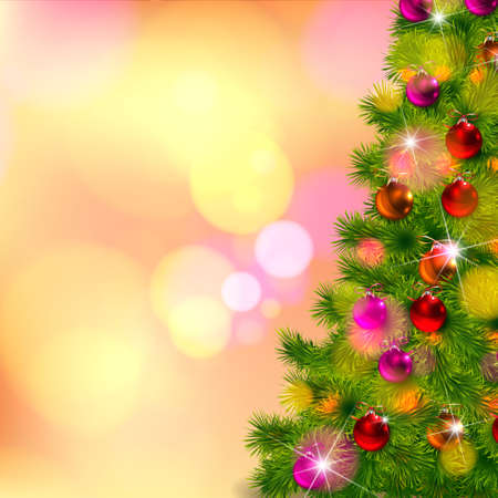 Realistic Vector of Christmas-tree decorations with bokeh backgroundのイラスト素材