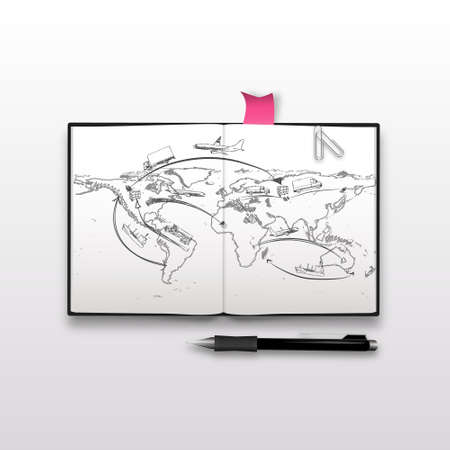 World map and logistics sketch on notebook, realistic illustration.のイラスト素材