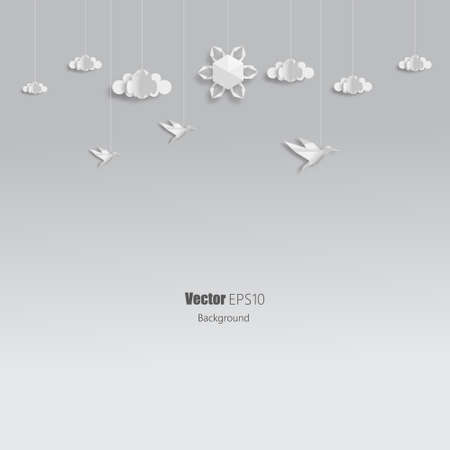 Realistic illustration, of origami clouds, birds and sun.のイラスト素材