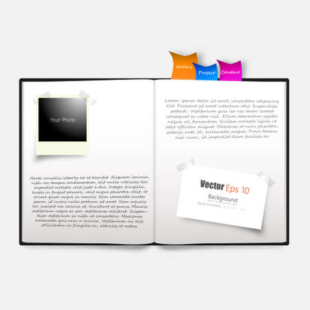 Vector book spread on white background. with bookmark, your photo, and businesscard,のイラスト素材