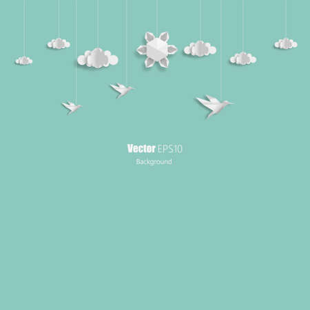 Abstract 3d origami sun and clouds, birds design vectorのイラスト素材
