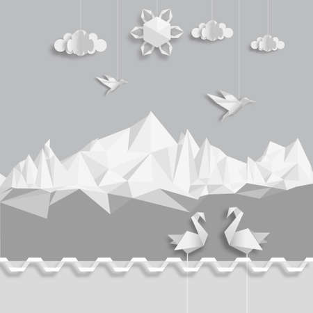 Realistic illustration, of origami clouds, birds and sun.のイラスト素材