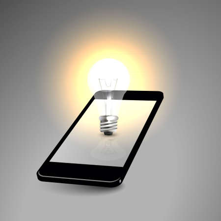 Finance concept: smartphone with Light Bulb on display. Mobile smart phone on Grey Background 3d renderのイラスト素材