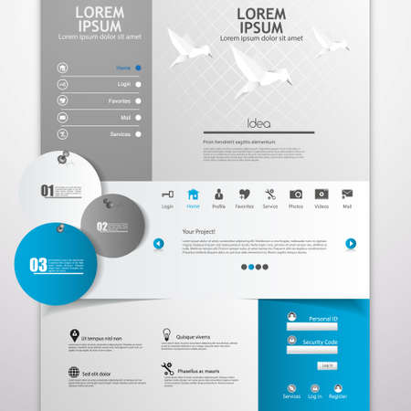 Clean Modern Website template in editable vector format, with origami bird illustration,のイラスト素材
