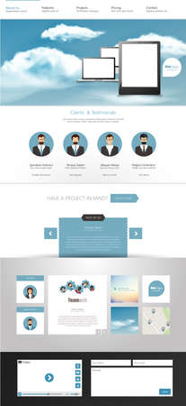One Page Website Template and Header Designs with clouds on sky and tablet.のイラスト素材