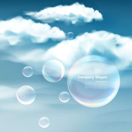 These soap bubbles floats calmly against a clear deep blue sky and clouds representing natural \\のイラスト素材