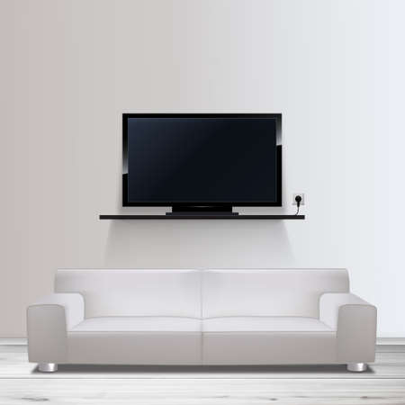 Vector HD TV on shelf, and sofa realistic illustration,のイラスト素材