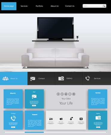 One page website design Template and interior, tv on the wallのイラスト素材