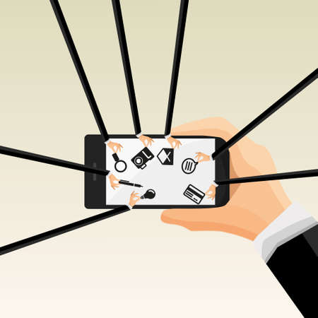 Flat Vector illustration of human hands holding mobile phone with icons. Mobile communication concept. Vector Illustration.のイラスト素材