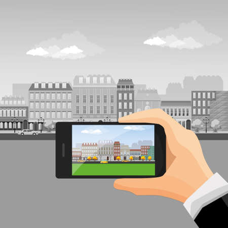 Taking photo with mobile smart phoneのイラスト素材