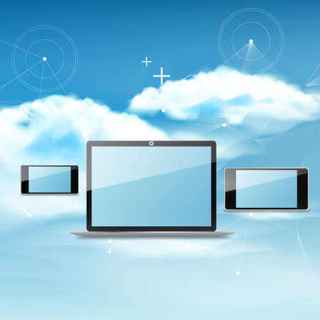 Cloud computing concept on different electronic devices. Tablet computer, laptop and smartphone, sky image on screen.のイラスト素材
