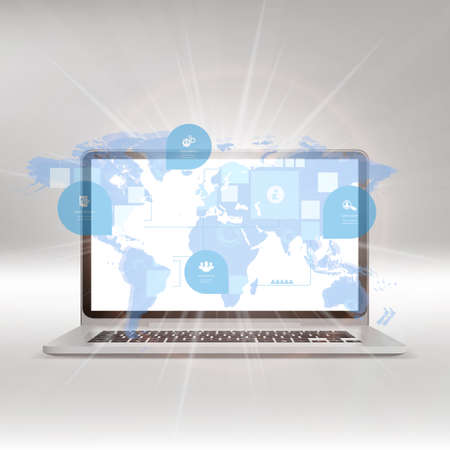 Laptop with World map on screen. Vector illustration.