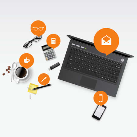 Notebook calculator and office supplies on the table. Vector.のイラスト素材