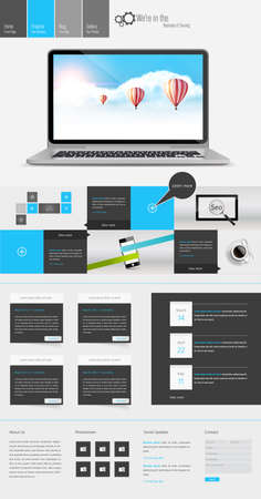 Modern One Page Website Template Responsive Website Can be use for Touchscreen Devices. Open your laptop and Blue sky with hot air ballons illustration.のイラスト素材