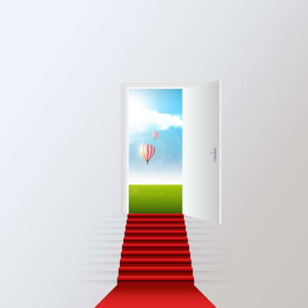 red carpet staircase to fantasy world of blue cloudy sky and hot air balloons with Open Door realistic vector illustration.のイラスト素材