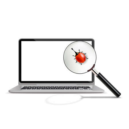 Searching for magnifying glass with computer bug virus. Vector illustration.のイラスト素材