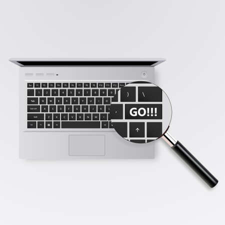 Computer keyboard computer keyboard with magnifying glass Vector realistic illustration