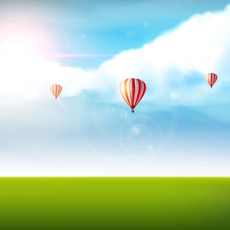 Cloudy blue sky with colorful air balloons and greenland. Vector photorealistic not TRACのイラスト素材
